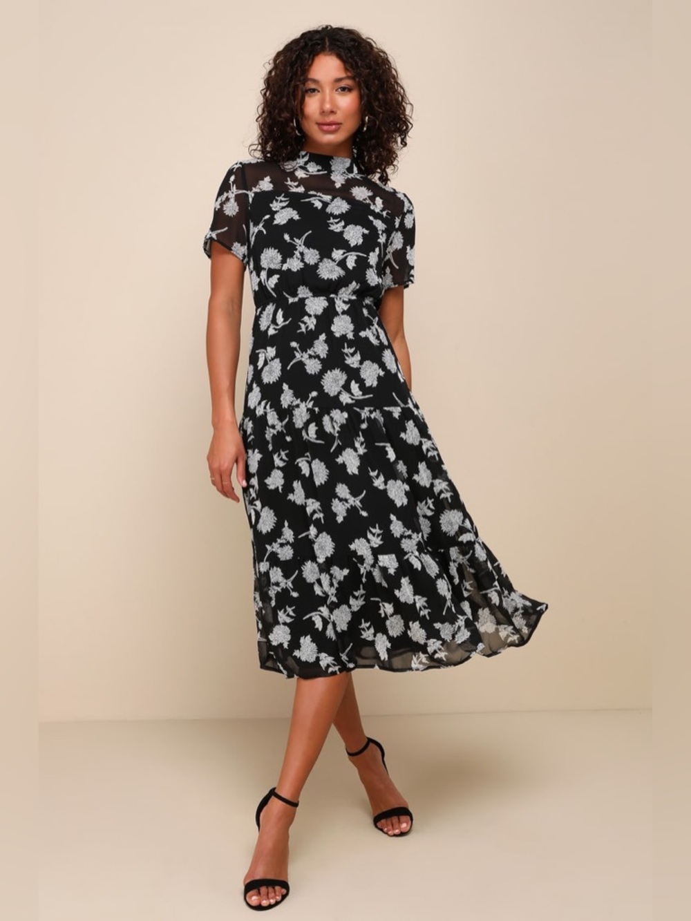 Lulus Floral Dressed Up Black Floral Print Midi Dress Sz M